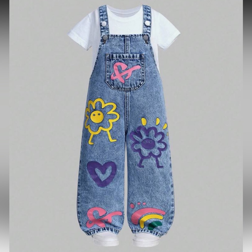 Fun Painted Denim Overalls with Colorful Flowers & Hearts